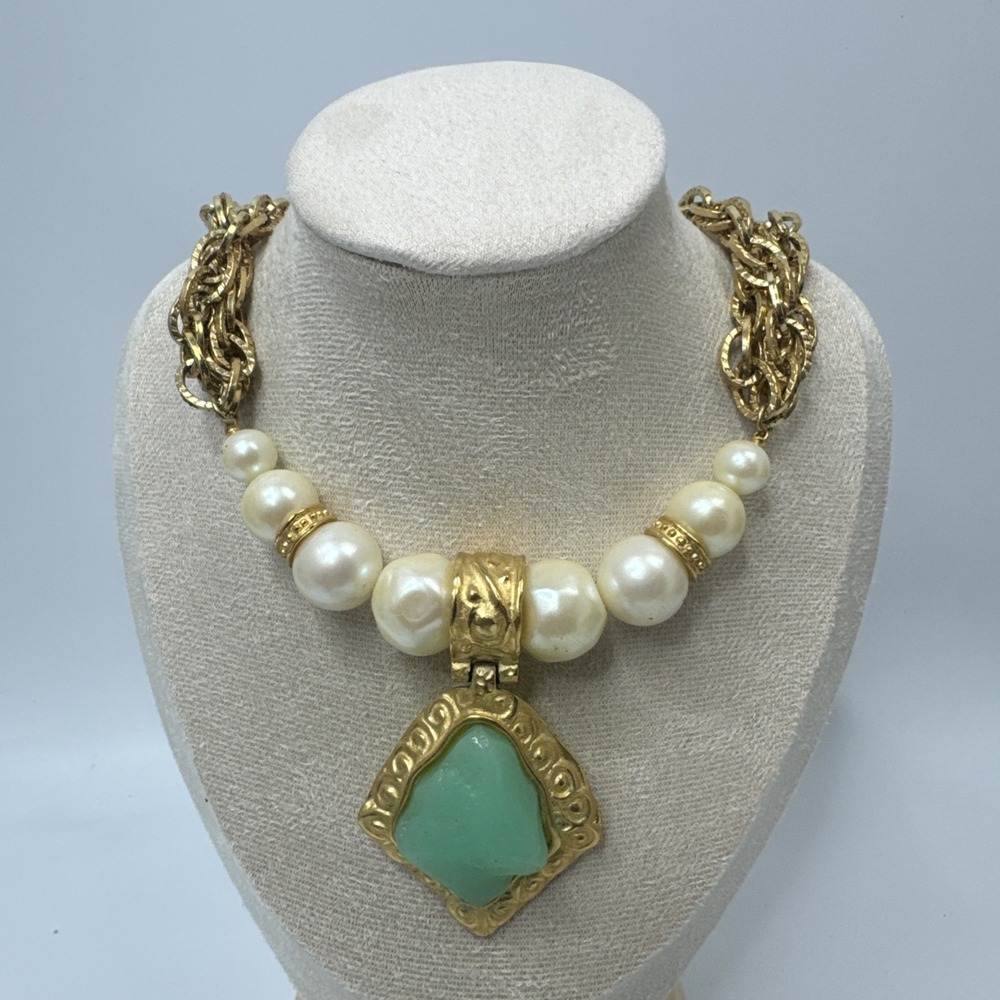 Vintage Givenchy Glass Cabochon Charm Drop Faux pearl Gold Tone